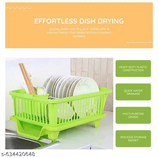 Sink Dish Rack | 3 in 1 Durable Plastic Drainer Drying Rack Washing Basket with Tray | Dish Rack Organizers, Utensils Tools Cutlery | Green, Pack of 1