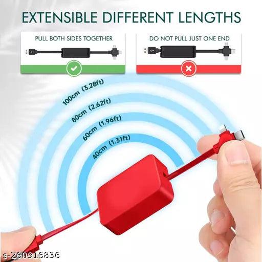 3 in 1 Retractable Fast Charging Cable with Type C, Lightening, Micro USB Port and Inbuilt Mobile Holder Compatible - Springkart