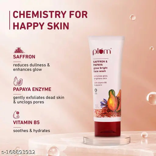 Plum Saffron & Papaya Glow Bright Face Wash | Enhances Glow & Brightens Skin | With Vitamin B5 | Fights Dull Skin | Non-Drying, Gel-Based, Sulphate-Free Face Wash | For All Skin Types | 100% Vegan