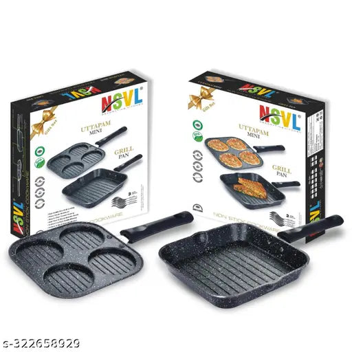 NSVL Non Stick Grill Pan & Mini Uttapam Pan Tawa Aluminum Multi Snack Maker / 2 pc Combo