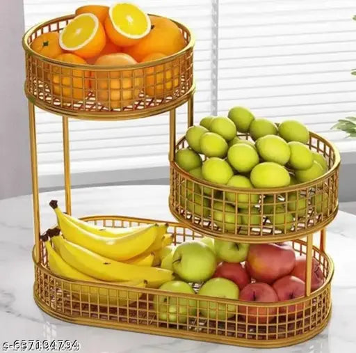 Option 1 (Focus on shape): Stylish Gold Metal 3-Tier Oval Fruit & Vegetable Storage Basket for Kitchen Counter