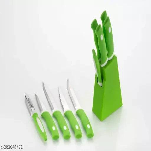 Kitchen Knife Set with Holder Stand 5-Pieces Knife + 1 Stand (Plastic) + 4 Knife + 1 Peeler and Spatula & Oil Brush - Springkart