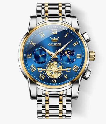 Pranshi Nano Glass for OLEVS chronograph Men's Stainless Steel Watch (Blue Dial Silver Colored Strap) - Copy (Pack of 1)