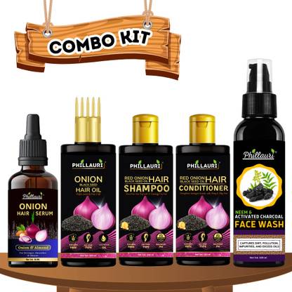 Phillauri Red Onion Blackseed Hair Combo Kit with Neem Facewash Combo Kit (5 Items in the set)