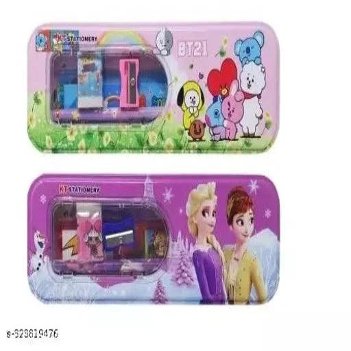 Attractive Set of 3 Cartoon Printed Stationery Metal Pencil Box with assorted stationery and Small window - Springkart