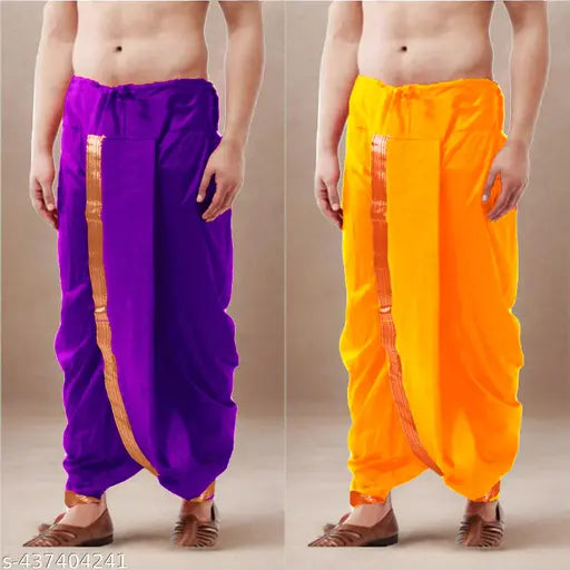 Ready to Wear Pooja Dhoti for men,Elastic Readymade Dhoti Pant (Pack of 2) 2 Dhoti & 2 Duptta
