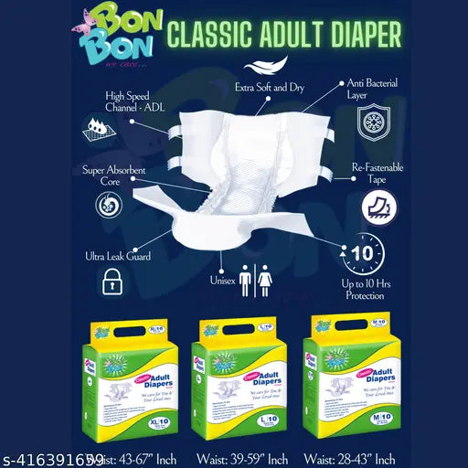 Bonbon Classic Adult Diaper Tape Style Extra Large (PACK OF 2) - 20 Count - XL Ultra Leak-Guard - Waist Size 43-67 Inch, 109-170 cm - Springkart