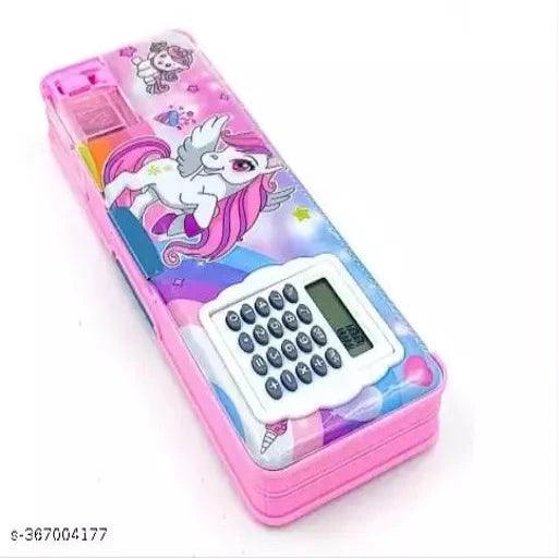 AMB 1 Pcs calculator geometry, Dual Sharpener With Calculator, Double sided Unicorn Art Plastic Pencil Box - Springkart