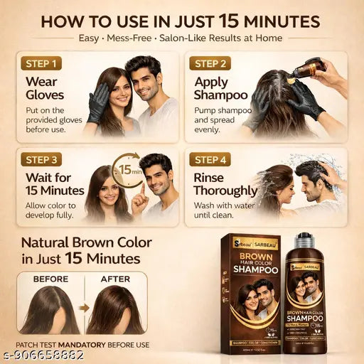 Sarbeau Brown Hair Color Shampoo 400ml | Ammonia Free | Grey Coverage , Brown