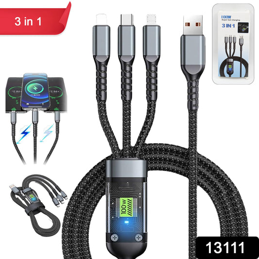 3-in-1 Super Fast Charging Cable 100w, Multifunctional Convenient Super Fast Charging Cable Nylon Braided Cord, 3-in-1 Silicone Zinc Alloy 3 Head Charging Cable - Springkart
