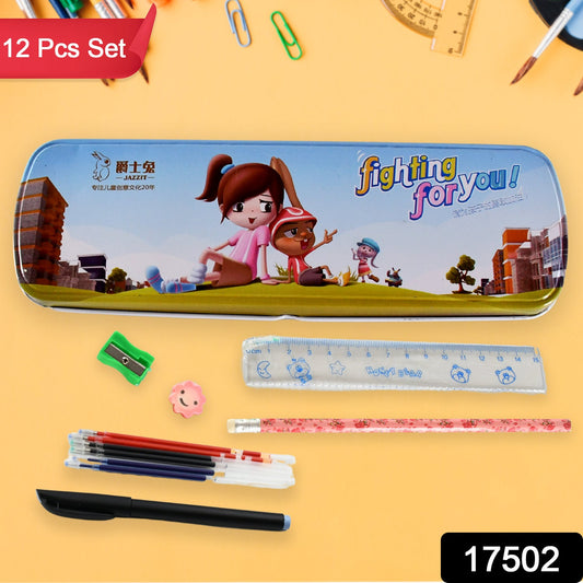 Multifunctional compass Box With 1 Pencil, 1 Eraser, 1 Scale, 1 pencil Sharpener, 6 Pen Refill, 1 black pen for Boys & Girls for School, Small Size Cartoon Printed Pencil Case for Kids Birthday Gift (12 Pcs set) - Springkart