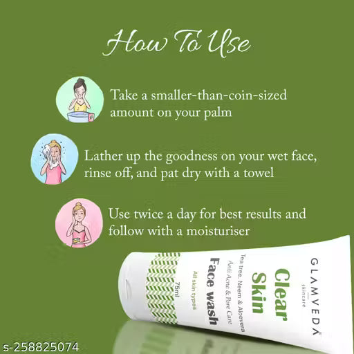 Glamveda Clear Skin Tea tree, Neem & Aloe Anti Acne Face Wash | For Oily & Acne Prone Skin | No Paraben, SLS | Pack of 3