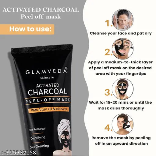 Glamveda Activated Charcoal Blackhead & Whitehead Reamoval Peel Off Mask ( Pack Of 3) | Face Pack For de tan & Dark Spots Removal | All Skin Types , Paraben Free 180 gm
