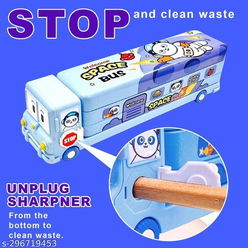Bus Shape Pencil Box (Blue) School Bus Metal Geometry Box for Kids - Springkart