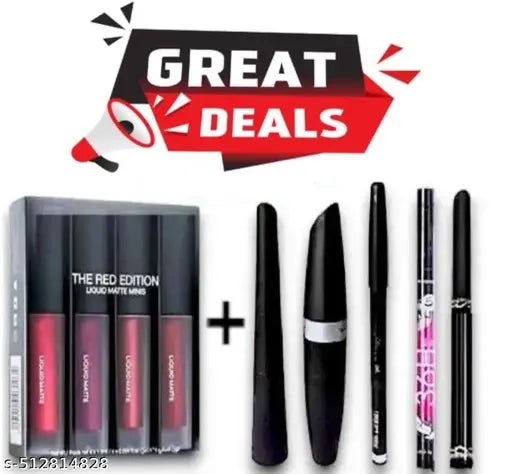 New combo with matte red 4 in 1 lipstick , 3 in 1 mascara eyeliner , one 36h eyeliner and one ADS Kajal