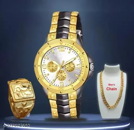 Rosra Golden Black Formal Watch For Men's Ring +Chain Free (MOR RING+ CHAIN) For Boys - Springkart