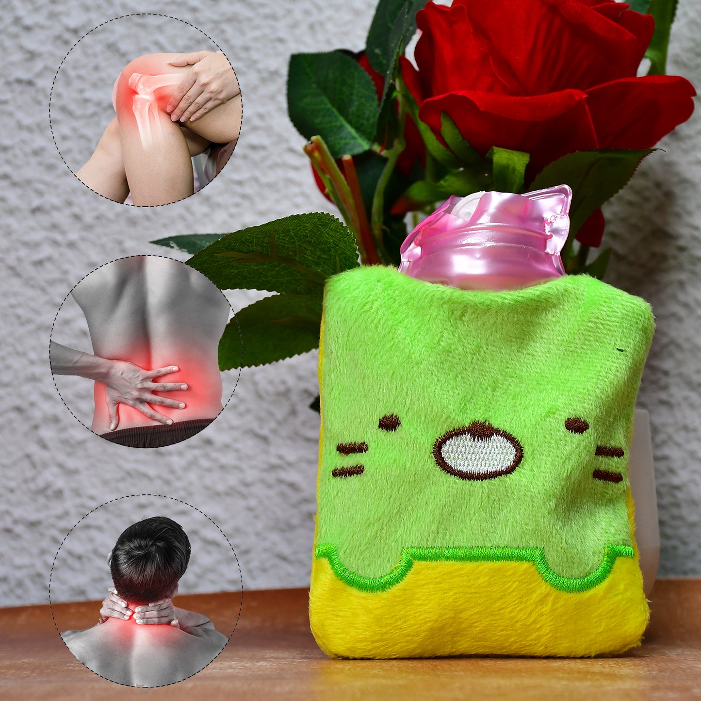 6514 Green Kitty Small Hot Water Bag With Cover For Pain Relief Neck Shoulder Pain And Hand Feet Warmer Menstrual Cramps. - Springkart