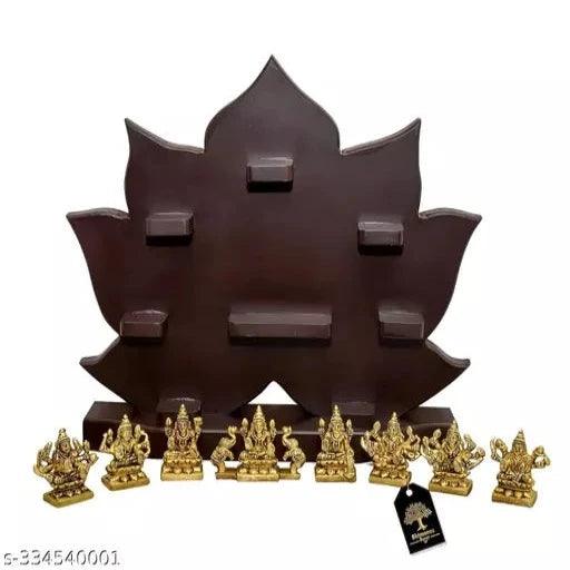 Ashta Lakshmi Set with Wooden Table Frame Gold Color Idol Height 2 Inches (13.75" x 14" x 3") - Springkart