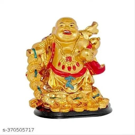Polyresin Feng Shui Laughing Buddha with Coin Chain (Golden, 10 x 8.4 x 12 cm). - Springkart