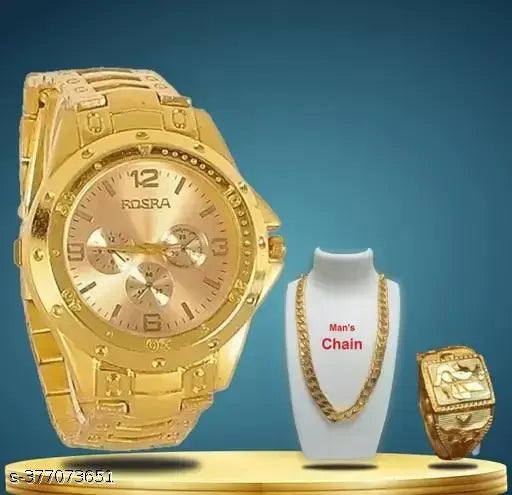 Rosra Golden Formal Watch For Men's Ring +Chain Free (MOR RING+ CHAIN) For Boys - Springkart