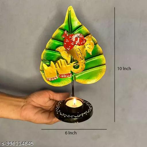 Hand Crafted Metal Lord Ganesha Leaf T-Light Candle Holders - Springkart
