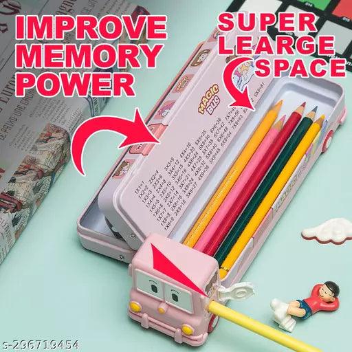 Bus Shape Pencil Box (Pink) School Bus Metal Geometry Box for Kids Magic Bus with Moving Tyres - Springkart