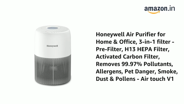 Honeywell Air Purifier for Home & Office, 3-in-1, Pre, H13 HEPA, Activated Carbon, Removes 99.99% Pollutants, Allergens, Pet Danger, Smoke, Dust & Pollens - Air touch V1