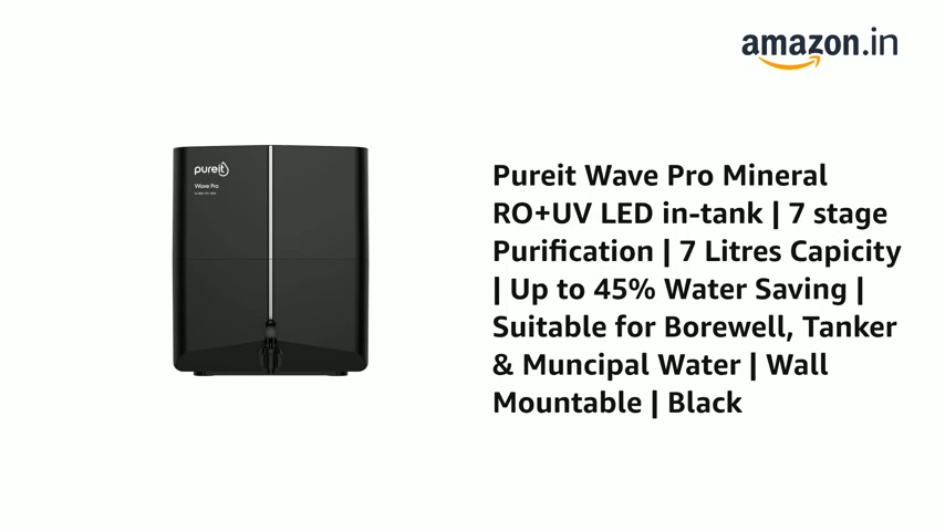 Pureit Wave Pro Mineral RO+UV LED in-tank | 7 stage Purification | 7 Litres Capicity | Up to 45% Water Saving | Suitable for Borewell, Tanker & Muncipal Water | Wall Mountable | Black