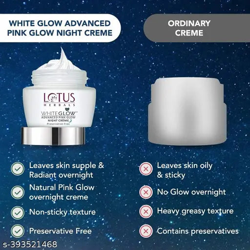 Lotus Herbals Whiteglow Advanced Pink Glow Night Cream | Intense Hydration | Preservative Free | For All Skin Types | 50g