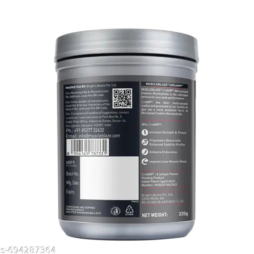 MuscleBlaze Micronised Creatine Monohydrate CreAMP⢠(Sunset Mango, 80 Servings, 320g) | Trustified Certified Creatine with Gym Steel Shaker
