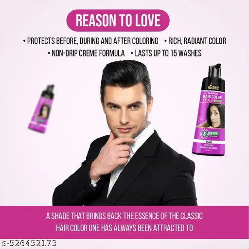 V Care Shampoo Hair Colour Shampoo-Black 180ml for Women and Men