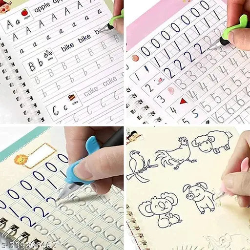 Magic Practice Copybook, (4 Book + 10 Refill+ 1 Pen +1 Grip) Number Tracing Book for Preschoolers with Pen, Magic Calligraphy Copybook Set Practical Reusable Writing Tool - Springkart