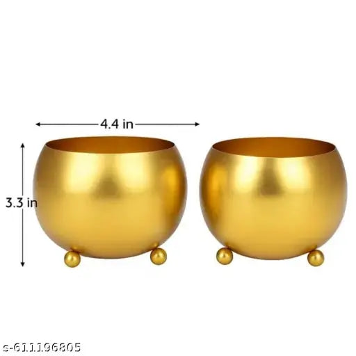 (Plants Not Included) - Set of 2 Round Gold Metal Vases Showpiece | Decorative Tabletop Pots for Home, Office & Gifting