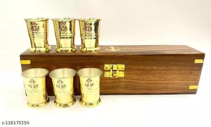 Present Set of 6 Solid Brass Wine Whisky Vodka Shot Glass Anchor Design 2 inch Height with Wooden Box (Royal Gold) - Springkart