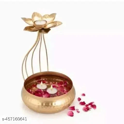 Metal Tealight Candle Holder for Diwali Decoration Items with Base of Urli Bowl - Gold (Height 10 Inch), - Springkart