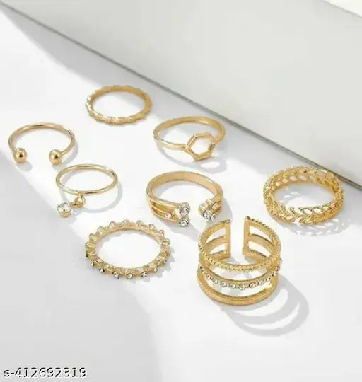 Girl Stunning Gold Plated AD Multi Desigsn Adjustable Rings Combo of 8pcs For Women Girls - Springkart