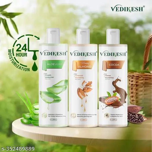 Vedikesh Aloevera and Almond Honey and Cocoa body lotion Combo - 3x200 ml