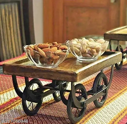 Primium Quality Wood Cart Snack Serving Platter for Dining Table Redi Shape Serving Tray. Colour:- Base-Black Powder Coating & Top Brown. Dimension:- (22x15x10) cm