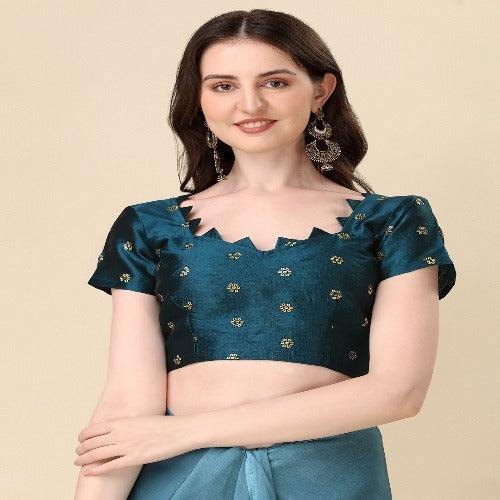 Fancy Embellished Teal Blue Coloured Silk Saree with Blouse Piece - Springkart