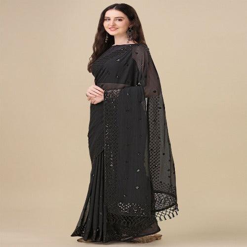 Fancy Sequined Embroidered Black Coloured Georgette Saree with Blouse Piece - Springkart