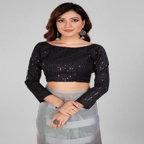 Fancy Embellished Grey and Black Coloured Silk Blend Saree with Blouse Piece - Springkart
