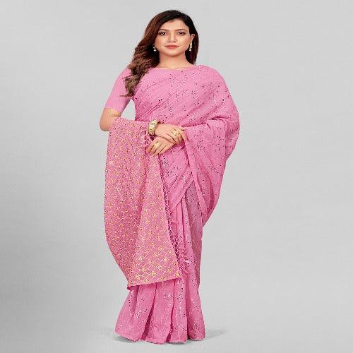 Fancy Sequined Embroidered Peach Pink Coloured Georgette Saree with Blouse Piece - Springkart