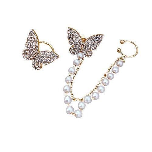 AVR JEWELS High sense of asymmetric butterfly pearl ear bone clip earrings all-in-one female super fairy tassel earrings - Springkart