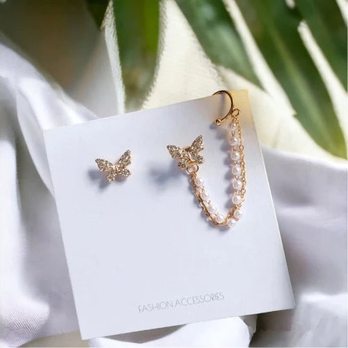 AVR JEWELS High sense of asymmetric butterfly pearl ear bone clip earrings all-in-one female super fairy tassel earrings - Springkart 