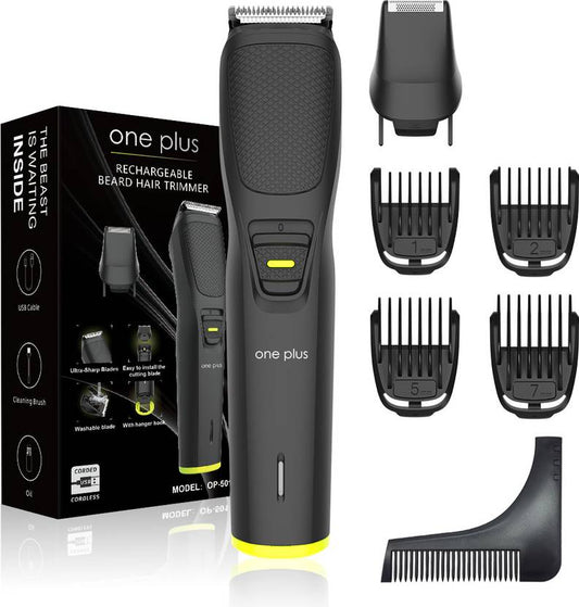 One Plus OP 501 Cordless Professional 7 in 1 Grooming Kit With Hook Hanger Washable Trimmer 120 min Runtime 12 Length Settings (Black)