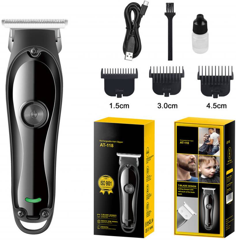 MynxeHTC AT-118 Cordless Hair Trimmer Small Professional Electric-Hair Clipper and Beard Fully Waterproof Trimmer 45 min Runtime 4 Length Settings (Black)