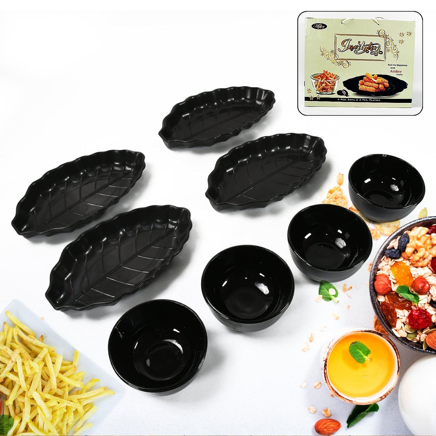 Invitation Round Ceramic Snacks Bowl With Plastic Leaf shape Serving platter Portable, Lightweight Breakfast, Serving Bowl | Ideal for Rice, Pasta, Desserts Home & Kitchen Serving Bowl & platter (8 Pcs set) - Springkart 