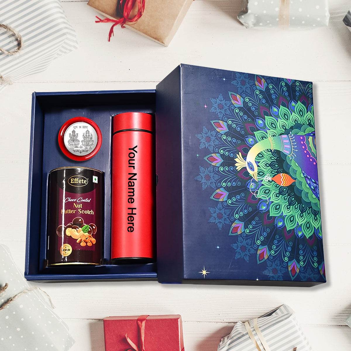 Personalized Temperature Water Bottle, Silver color Coin & Chocolate (With Attractive Peacock Box / 3 Pc Set) - Springkart 