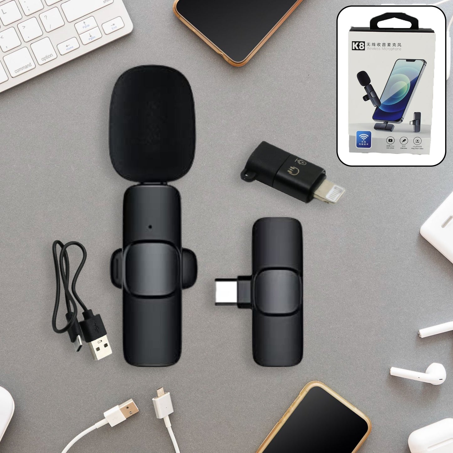 Intelligent Noise Cancelling Live Streaming Clip on Microphone for Type-C & for iPhone with Charging Mini Wireless Lapel Collar Microphone - Springkart 