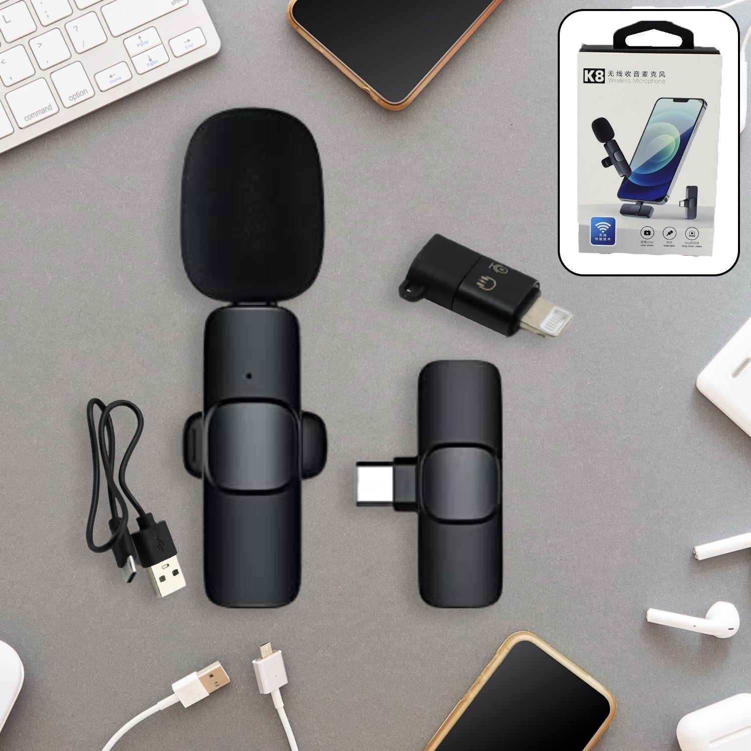 Intelligent Noise Cancelling Live Streaming Clip on Microphone for Type-C & for iPhone with Charging Mini Wireless Lapel Collar Microphone - Springkart 